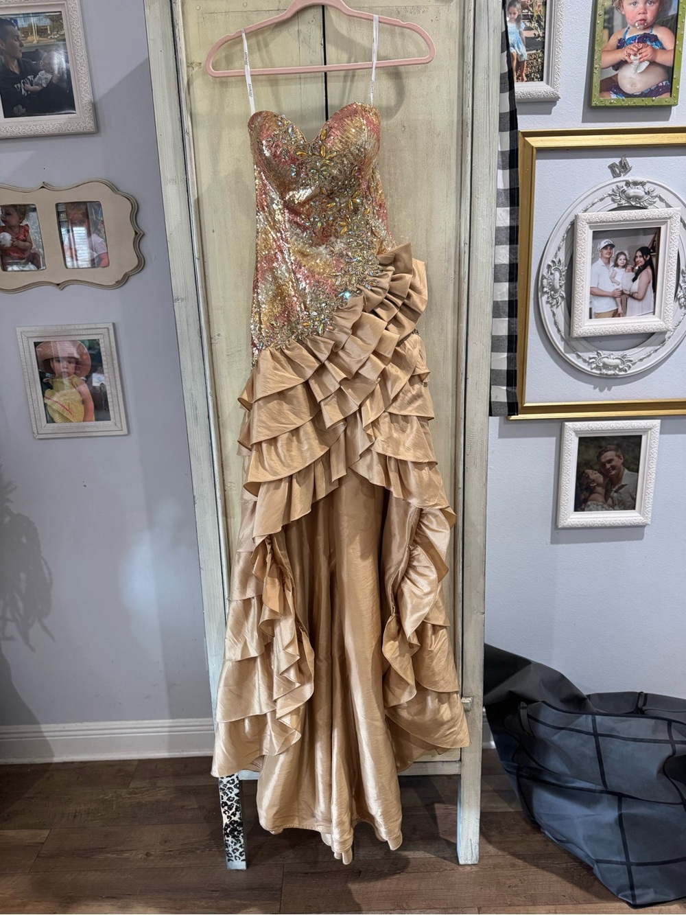 Gold Ruffled Evening Gown with Sequin Bodice Tony Bowls Paris